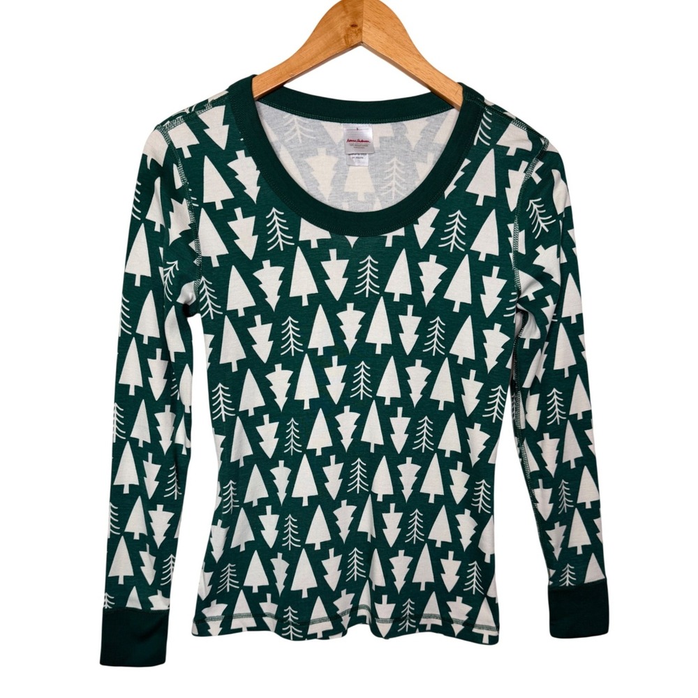 Hanna Andersson Holiday Tree Long John Pajama Top S Winter Green Organic PJs